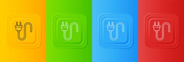 Beyaz Elektrik tıkacı simgesi renkli arkaplanda izole edildi. Bağlantı kavramı ve elektriğin kesilmesi. Kare düğmelere simgeleri yerleştir. Vektör.