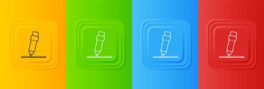 Renkli arkaplanda silgi simgesine sahip beyaz kalem. Çizim ve eğitim araçları. Okul sembolü. Kare düğmelere simgeleri yerleştir. Vektör.