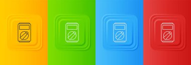 Beyaz Ampere ölçer, multimetre, voltmetre ikonu renkli arkaplanda izole edilmiş. Elektrik akımını ölçmek için araçlar. Kare düğmelere simgeleri yerleştir. Vektör.