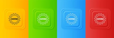 Beyaz Corona virüsü covid-19 simgesi renkli arkaplanda izole edildi. Bakteri ve mikroplar, hücre kanseri, mikrop, mantar. Kare düğmelere simgeleri yerleştir. Vektör.