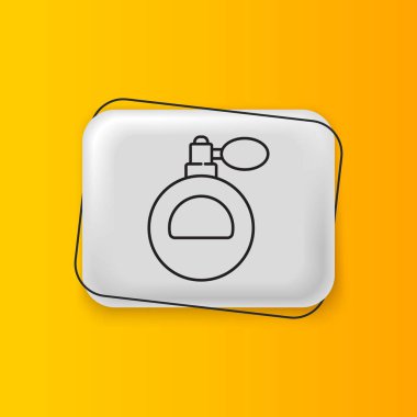 Sarı arkaplanda siyah parfüm ikonu var. Gümüş dikdörtgen düğme. Vektör.