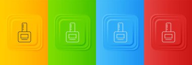 Renkli arka planda beyaz tırnak cilası ikonu var. Kare düğmelere simgeleri yerleştir. Vektör.