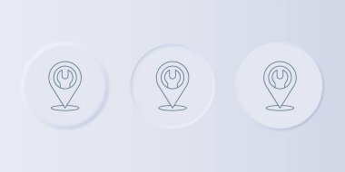 Gri arka planda İngiliz anahtarı anahtar simgesine sahip gri konum. Ayarlama, servis, ayar, bakım, onarım, onarım. Kare düğmelere simgeleri yerleştir. Vektör.