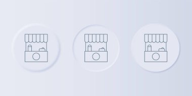 Gri arka planda tente ve ahşap askı ikonu olan Grey Street tezgahı. Ahşap göğüslü bir büfe. Kare düğmelere simgeleri yerleştir. Vektör.