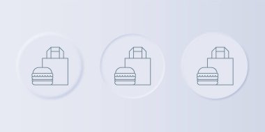 Grey Online sipariş ve hamburger dağıtım ikonu gri arka planda izole edildi. Kare düğmelere simgeleri yerleştir. Vektör.