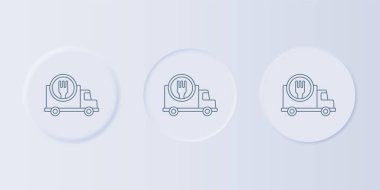 Gri arka planda izole edilmiş araç ikonu ile günün her saati Grey Fast teslimatı. Kare düğmelere simgeleri yerleştir. Vektör.