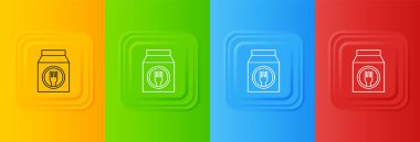 Beyaz Çevrimiçi sipariş ve fast food dağıtım ikonu renkli arka planda izole edildi. Kare düğmelere simgeleri yerleştir. Vektör.