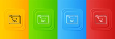 Ekran simgesinde beyaz çevrimiçi alışveriş renkli arkaplanda izole edilmiş. Konsept e-ticaret, e-ticaret, online iş pazarlama. Kare düğmelere simgeleri yerleştir. Vektör.