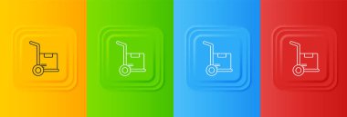 Beyaz El kamyonu ve renkli arka planda izole edilmiş kutu simgesi. Dolly sembolü. Kare düğmelere simgeleri yerleştir. Vektör.