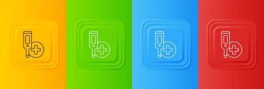 Tıbbi muayene ikonu için beyaz tıbbi dijital termometre renkli arkaplanda izole edilmiş. Kare düğmelere simgeleri yerleştir. Vektör.