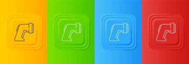 Beyaz dijital temassız termometre. Renkli arkaplanda kızılötesi ışık ikonu var. Kare düğmelere simgeleri yerleştir. Vektör.