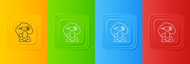 Uyuşturucu ikonuna beyaz bağımlılık renkli arka planda izole edilmiş. Eroin, uyuşturucu, bağımlılık, yasadışı. Elinde şırınga ve ilaç olan hasta bir keş. Kare düğmelere simgeleri yerleştir. Vektör.