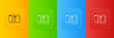 Beyaz Çevrimiçi sipariş ve fast food dağıtım ikonu renkli arka planda izole edildi. Kare düğmelere simgeleri yerleştir. Vektör.