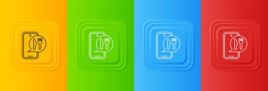 Beyaz Çevrimiçi sipariş ve fast food dağıtım ikonu renkli arka planda izole edildi. Burger tabelası. Kare düğmelere simgeleri yerleştir. Vektör.