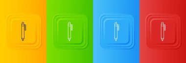 Renkli arkaplanda beyaz kalem simgesi izole edildi. Kare düğmelere simgeleri yerleştir. Vektör.