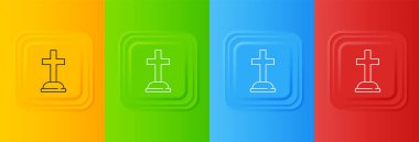 Renkli arka planda çapraz simgesi olan Beyaz Tombstone. Mezar ikonu. Kare düğmelere simgeleri yerleştir. Vektör.