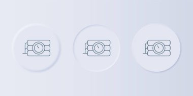 Gri dinamit bomba çubuğu ve zamanlayıcı ikonu gri arka planda izole edildi. Saatli bomba - patlama tehlikesi kavramı. Kare düğmelere simgeleri yerleştir. Vektör.