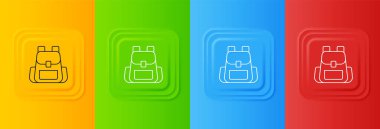 Beyaz Yürüyüş sırt çantası simgesi renkli arkaplanda izole edildi. Kamp ve dağ gezisi sırt çantası. Kare düğmelere simgeleri yerleştir. Vektör.