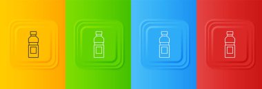 Renkli arka planda beyaz bir şişe ikon izole edilmiş. Soda su içme tabelası. Kare düğmelere simgeleri yerleştir. Vektör.