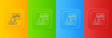 Beyaz Web tasarımı ve ön uç geliştirme simgesi renkli arkaplanda izole edildi. Kare düğmelere simgeleri yerleştir. Vektör.