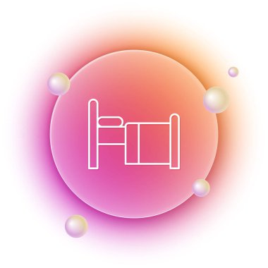 Beyaz hastane yatak ikonu beyaz arka planda izole edilmiş. Turuncu ve pembe eğimli çember arka planı. Vektör.