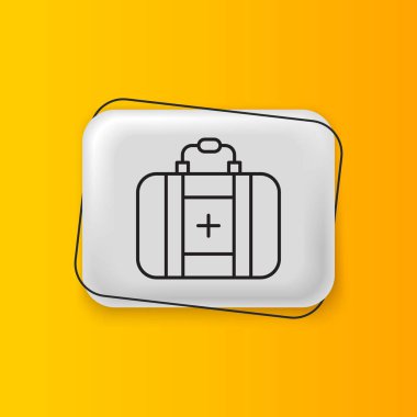 Sarı arkaplanda siyah ilk yardım çantası simgesi izole edildi. Haçlı sağlık kutusu. Acil durumlar için tıbbi ekipman. Sağlık sigortası konsepti. Gümüş dikdörtgen düğme. Vektör.