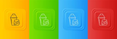 Renkli arka planda izole edilmiş kokteyl cam ikonlu beyaz kokteyl karıştırıcısı. Kare düğmelere simgeleri yerleştir. Vektör.