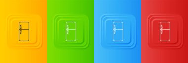 Beyaz Buzdolabı simgesi renkli arkaplanda izole edilmiş. Buzdolabı buzdolabı. Ev aletleri ve aletler. Kare düğmelere simgeleri yerleştir. Vektör.