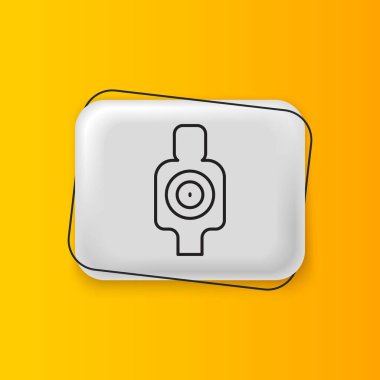 Sarı arka planda izole edilmiş ikon çekmek için Siyah İnsan hedef sporu. Atış mesafesi ya da atış mesafesi için sayıları olan temiz bir hedef. Gümüş dikdörtgen düğme. Vektör.