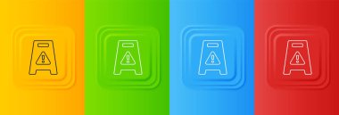 Beyaz ıslak zemin ve temizlik ikonu renkli arka planda izole edildi. Temizlik hizmeti konsepti. Kare düğmelere simgeleri yerleştir. Vektör.