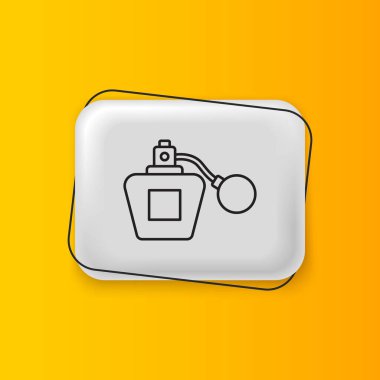 Sarı arkaplanda siyah parfüm ikonu var. Gümüş dikdörtgen düğme. Vektör.