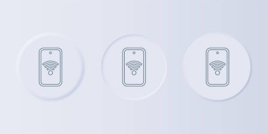 Gri arkaplanda ücretsiz kablosuz bağlantı ikonu olan gri akıllı telefon. Kablosuz teknoloji, kablosuz bağlantı, kablosuz ağ. Kare düğmelere simgeleri yerleştir. Vektör.