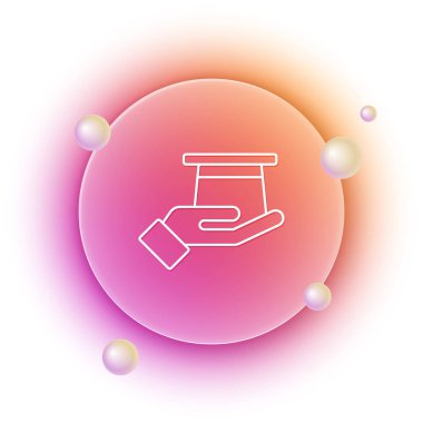 Beyaz Büyücü şapkası beyaz arka planda izole edilmiş bir el simgesi. Sihir numarası. Gizemli eğlence konsepti. Turuncu ve pembe eğimli çember arka planı. Vektör.