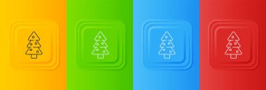 Renkli arka planda süsleme simgesi olan beyaz Noel ağacı. Mutlu Noeller ve mutlu yıllar. Kare düğmelere simgeleri yerleştir. Vektör.