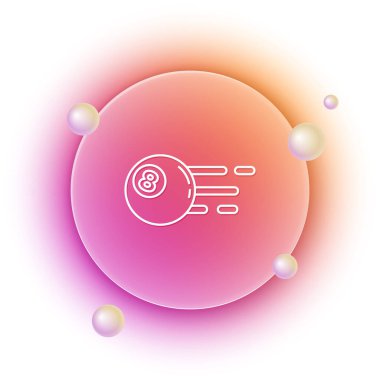 Beyaz arka planda 8 numaralı ikonu olan beyaz bilardo bilardo topu. Turuncu ve pembe eğimli çember arka planı. Vektör.