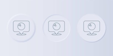 Gri arkaplanda bovling topu simgesi olan gri harita işaretçisi. Spor malzemeleri. Kare düğmelere simgeleri yerleştir. Vektör.