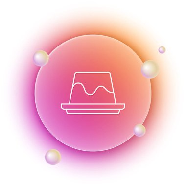 Beyaz arka planda izole edilmiş karamel jöleli kremalı beyaz puding. Turuncu ve pembe eğimli çember arka planı. Vektör.