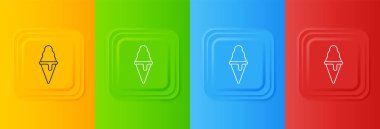 Renkli arka planda izole edilmiş waffle külahında beyaz dondurma. Güzel sembol. Kare düğmelere simgeleri yerleştir. Vektör.