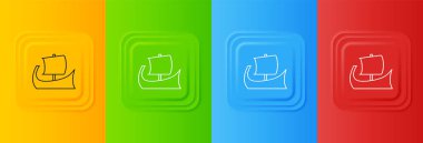 Beyaz Antik Yunan trireme simgesi renkli arkaplanda izole edilmiş. Kare düğmelere simgeleri yerleştir. Vektör.