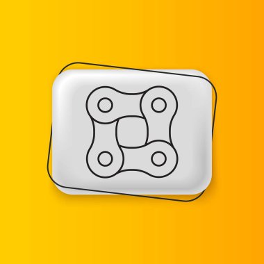 Sarı arka planda siyah bisiklet zinciri simgesi izole edildi. Bisiklet zinciri sıçrama iletimi. Gümüş dikdörtgen düğme. Vektör.