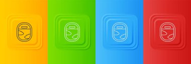 Beyaz Uçak pencere simgesi renkli arkaplanda izole edildi. Uçak lombozu. Kare düğmelere simgeleri yerleştir. Vektör.