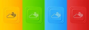 Beyaz Rüzgarlı hava ikonu renkli arkaplanda izole edildi. Bulut ve rüzgar. Kare düğmelere simgeleri yerleştir. Vektör.