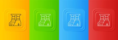 Beyaz Nükleer Santral ikonu renkli arka planda izole edildi. Enerji endüstrisi konsepti. Kare düğmelere simgeleri yerleştir. Vektör.