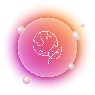 Beyaz Dünya küresi ve yaprak ikonu beyaz arkaplanda izole edilmiş. Dünya ya da Dünya işareti. Geometrik şekiller. Çevresel konsept. Turuncu ve pembe eğimli çember arka planı. Vektör.