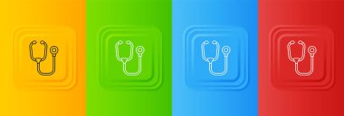 Beyaz steteskop tıbbi araç simgesi renkli arkaplanda izole edildi. Kare düğmelere simgeleri yerleştir. Vektör.