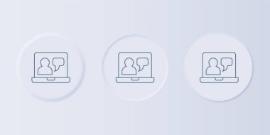 Grey Online eğitim ve mezuniyet ikonu gri arka planda izole edildi. İnternetteki öğretmen monitörde. Giyinme ve video semineri öğrenme. Kare düğmelere simgeleri yerleştir. Vektör.