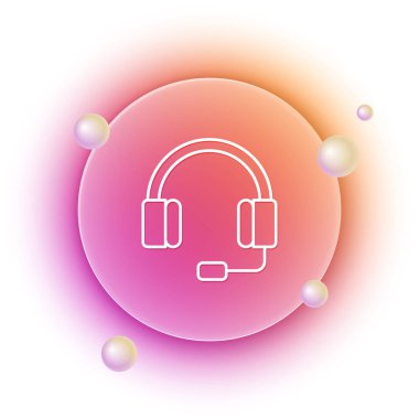 Beyaz kulaklık simgesi beyaz arkaplanda izole edildi. Kulaklıklar. Müzik, hizmet, iletişim ve operatör konsepti. Turuncu ve pembe eğimli çember arka planı. Vektör.