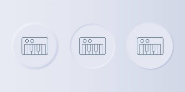 Gri arkaplanda Gri Müzik Sentezleyici simgesi izole edildi. Elektronik piyano. Kare düğmelere simgeleri yerleştir. Vektör.