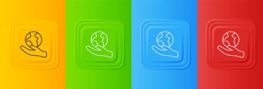 Beyaz insan eli, Dünya 'nın renkli arka planında izole edilmiş ikonunu tutuyor. Dünya kavramını sakla. Kare düğmelere simgeleri yerleştir. Vektör.