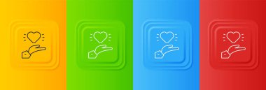 Beyaz Zevkli İlişki simgesi renkli arkaplanda izole edilmiş. Romantik ilişki mi yoksa hoş bir tanışma konsepti mi? Kare düğmelere simgeleri yerleştir. Vektör.